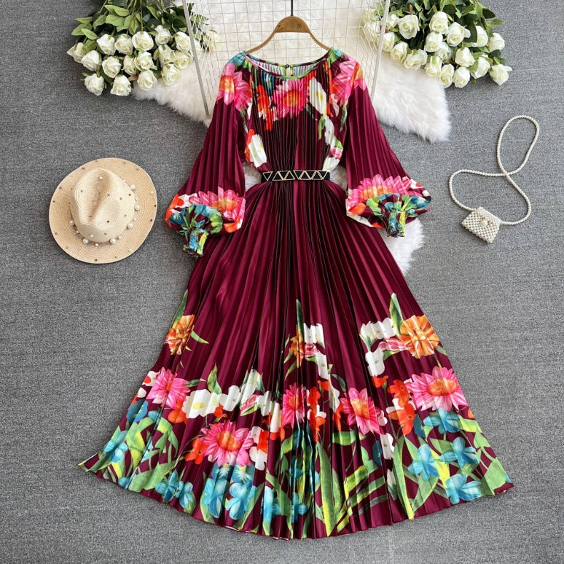 Printed Waist-controlled Lace-up Lady Dress