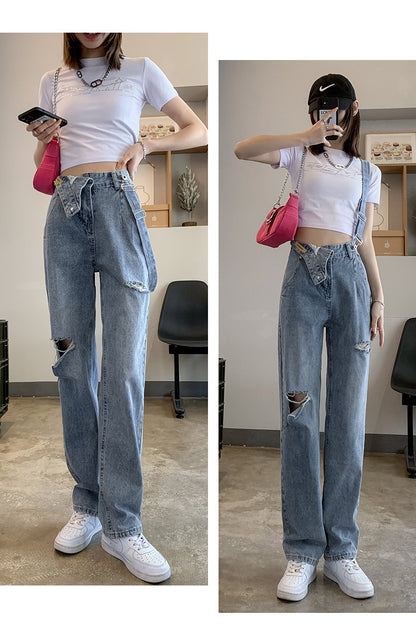 Jeans rasgados con tirantes diagonales para mujer