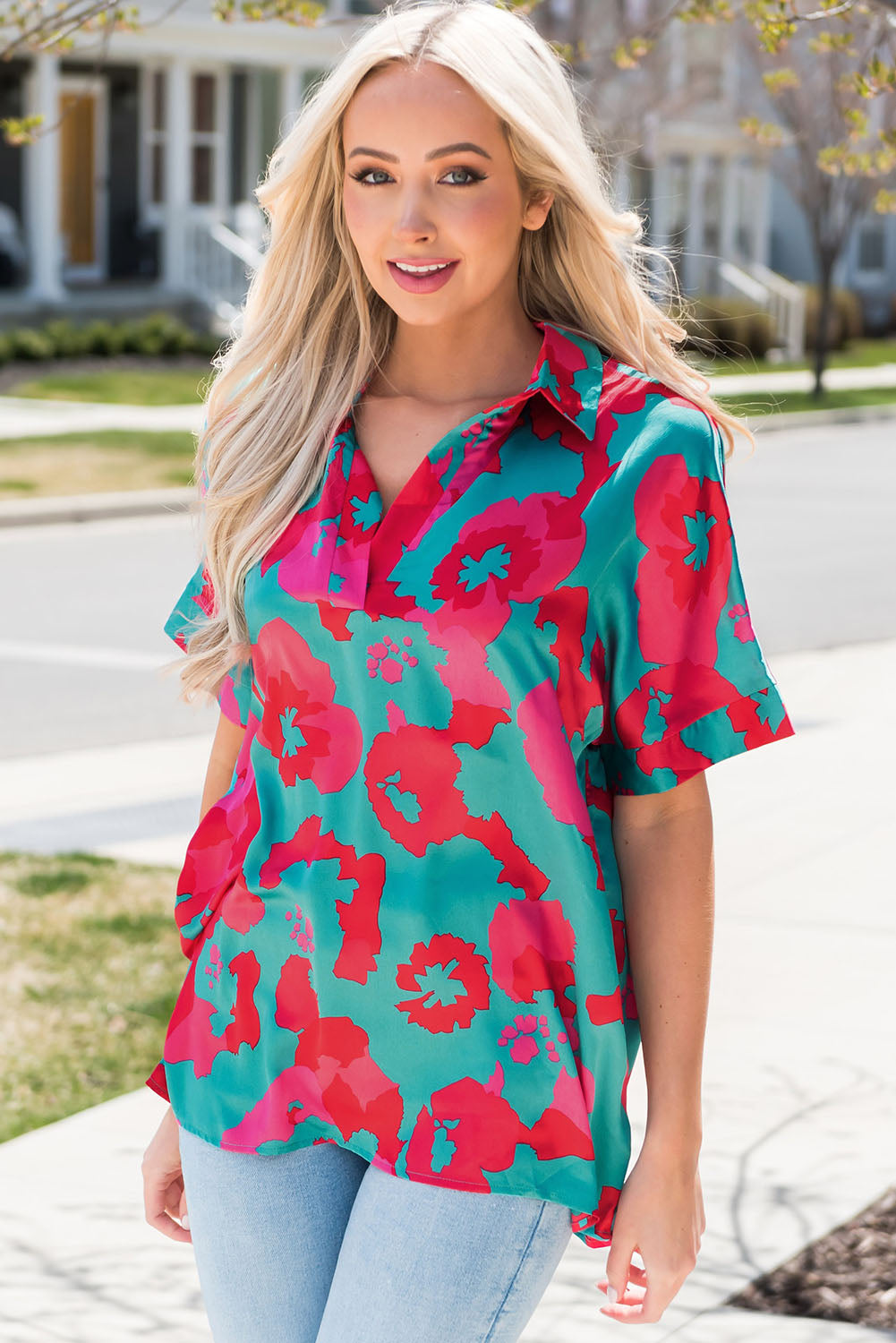 Printed Johnny Collar Short Sleeve Top