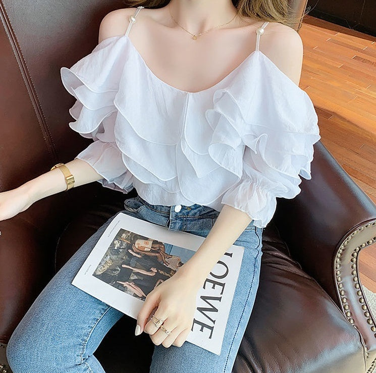 One Word Neck Chiffon Shirt Off Shoulder Ruffle Top Women's