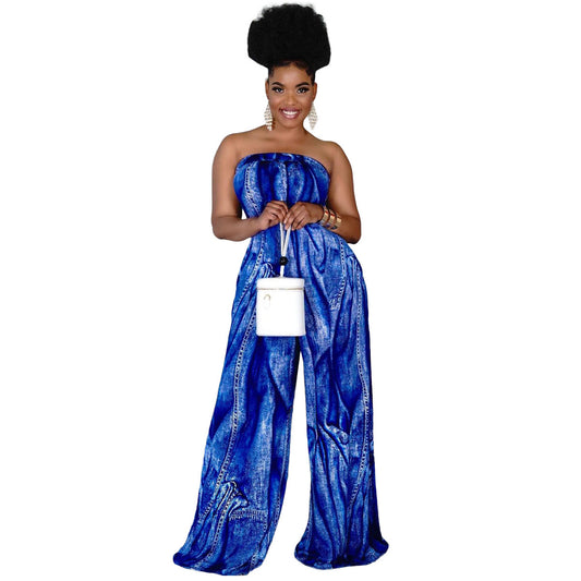 Women's Tube Top Halter Printed Jumpsuit Wide-leg Pants Plus Size Women's Clothing