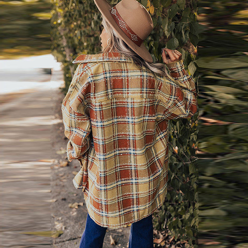 Camisa holgada a cuadros abrigo ropa de abrigo de moda para mujer Top de manga larga