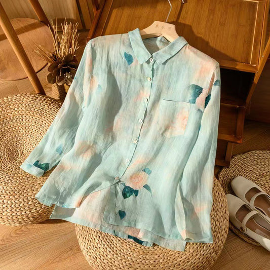 Camisa de mujer con estampado vintage de algodón y lino