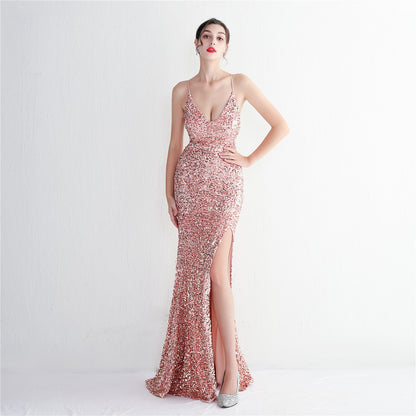 Velvet Bottom Sequin New Suspender Party Sequined Dress Long Banquet Slim-fit Evening Dress Elegant