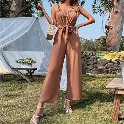 Summer New Hollow Belt Suspenders Wide Leg Jumpsuit