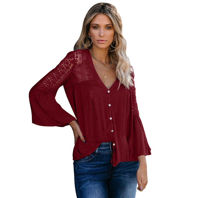 Mid-length Shirt Women's Hooded Hollow V-neck Flared Sleeve Lace Shirt Top