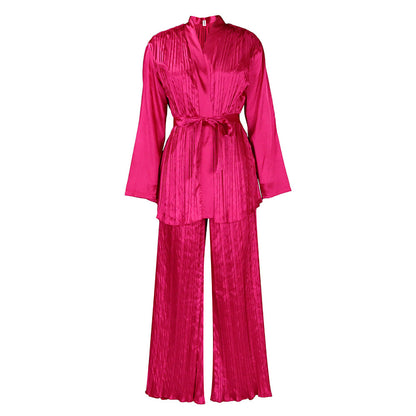 Solid Color Pleated Loose Long Sleeve Tied Shirt And Trousers Two-piece Set