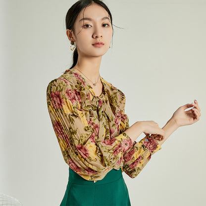 Camisa floral estilo retro de Hong Kong con estampado floral suelto para mujer