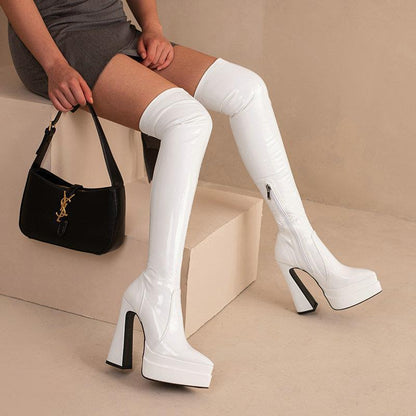 Bright Faced Thick Heeled Patent Leather Knee Boots