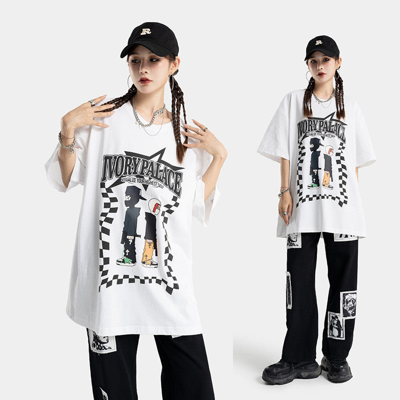 Street Cartoon Print Loose Fashion Brand Couple Short Sleeve