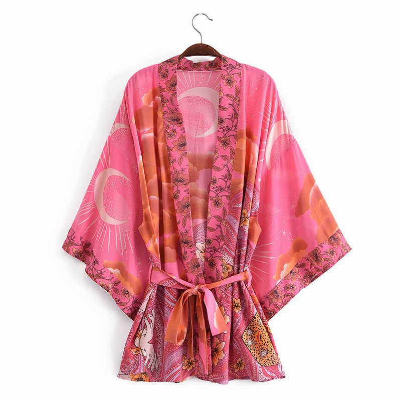 Cardigan ample ceinturé imprimé lune, kimono pour femme