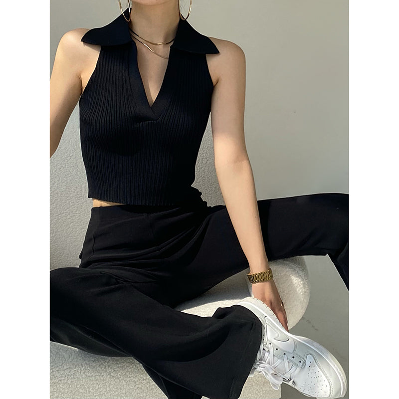 Women's Lapel Polo Knit Crop Top