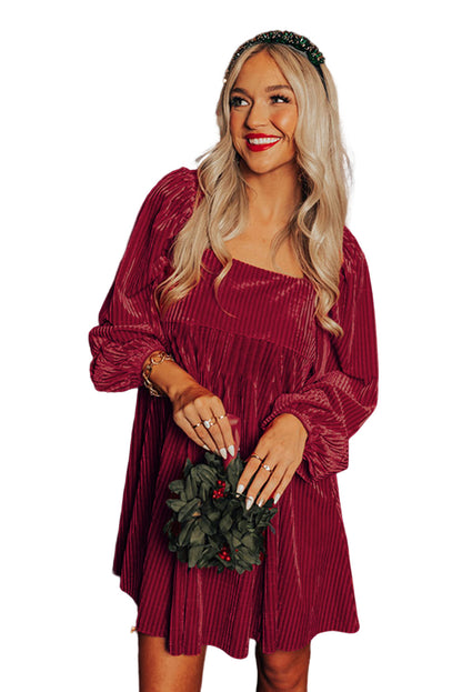 Red Tie Back Square Neck Velvet Babydoll Dress