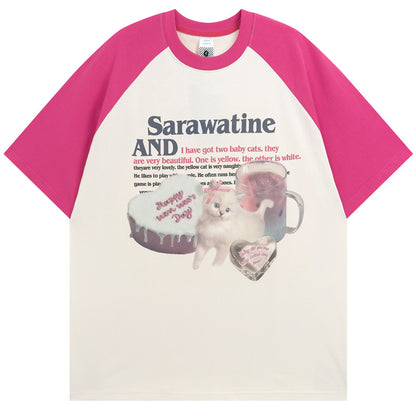 Mode nationale amusante et mignonne impression de chat doux manches courtes Raglan