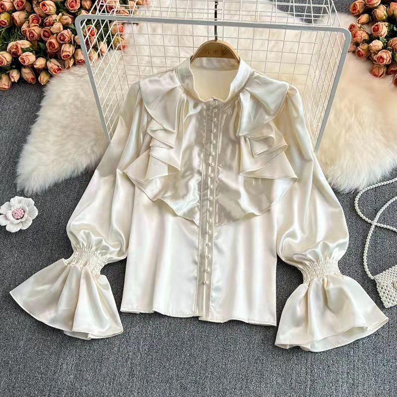 Bell Sleeve Stand Collar Acetate Satin Shirt French Style Design Loose Top For Women