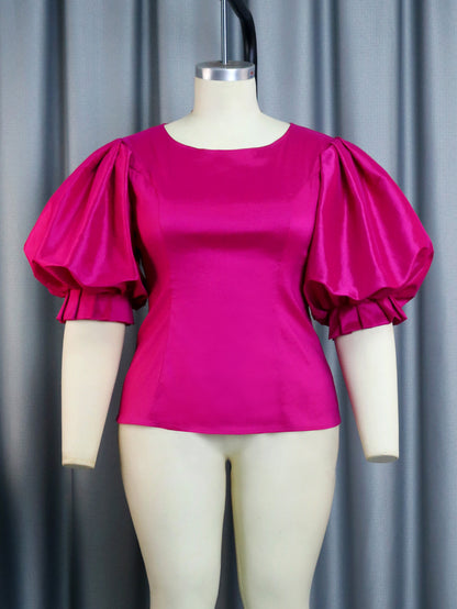 Summer Satin Lantern Sleeve Waist-controlled Top