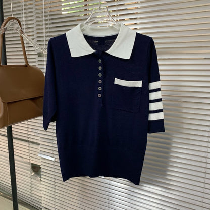 New Thin Stripe Dog Pattern POLO Polo T-Shirt Dachshund Short Sleeve