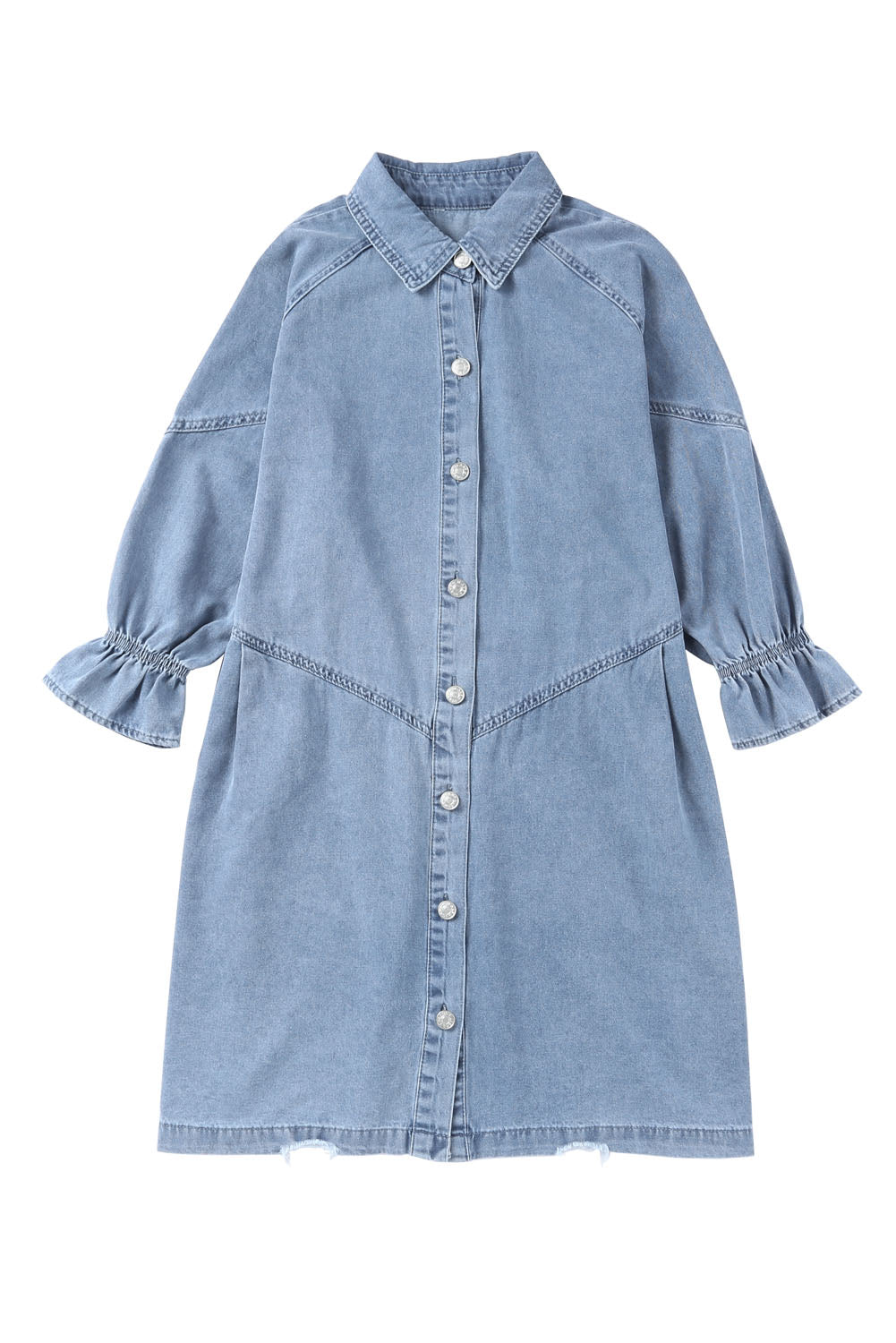 Mini-robe en jean boutonnée à manches longues bleu ciel