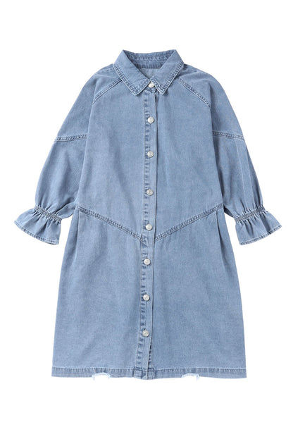 Mini-robe en jean boutonnée à manches longues bleu ciel