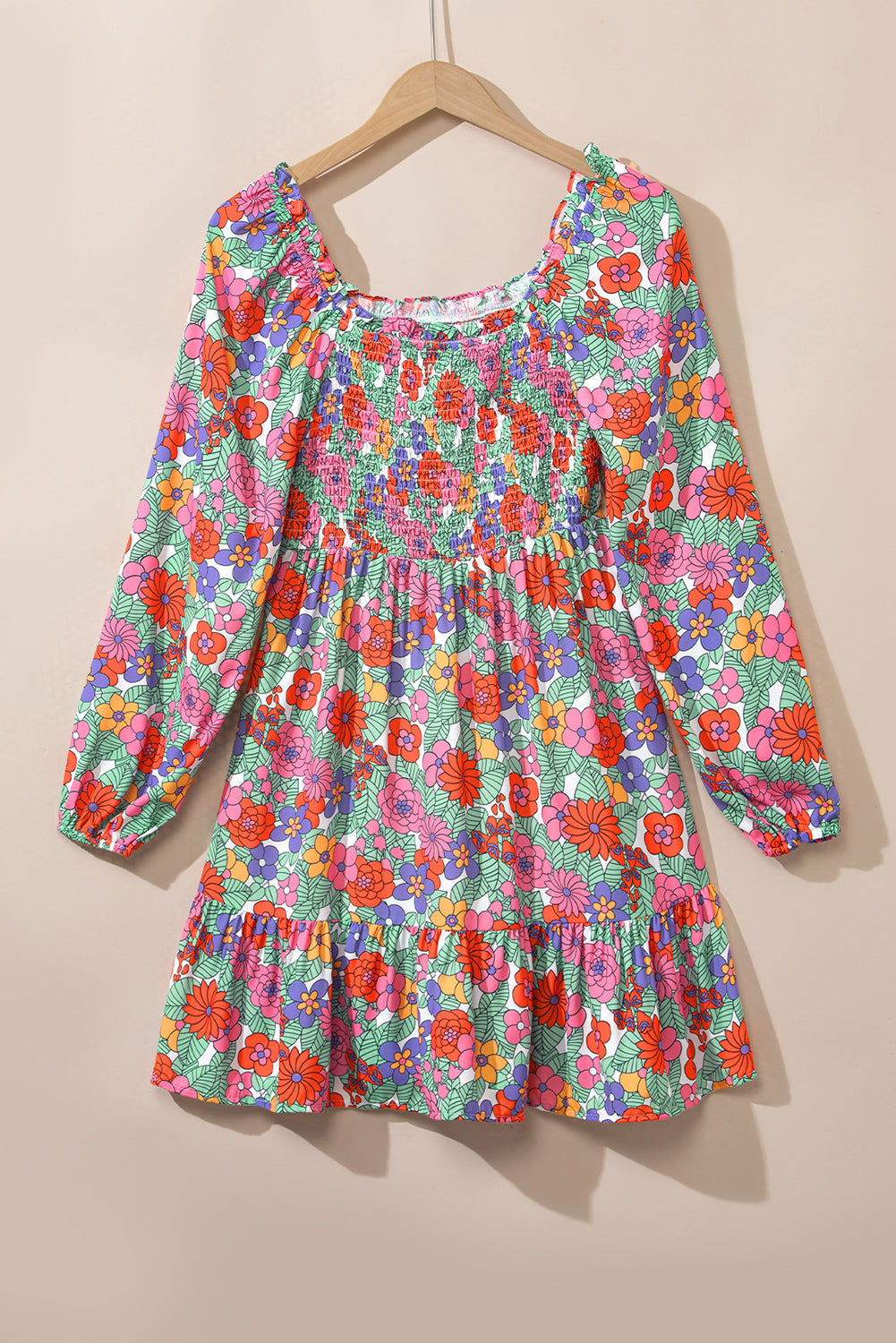 Floral Smocked Bust Square Neck Ruffled Dress