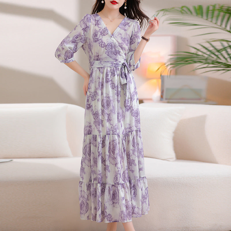 Women's Waist Trimming Printing Chiffon Dress