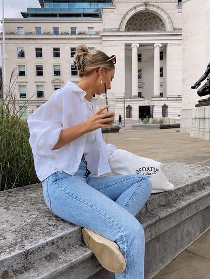 Camisa Blanca Mujer Verano Estilo Perezoso Mangas Largas