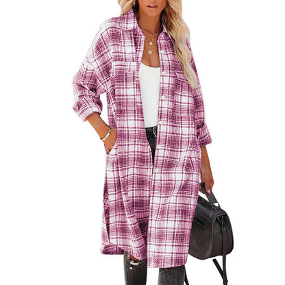 Women's Printed Checks Mid-length Shirt Coat