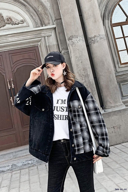 Stitched Plaid Denim Jacket For Girls Loose