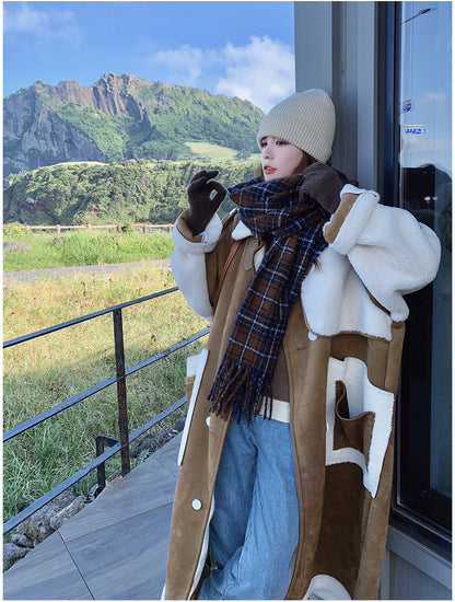 Retro Khaki Patchwork Pocket Loose Double Breasted Fur Coat Women