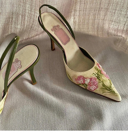 Vintage Pointed Embroidered High Heels