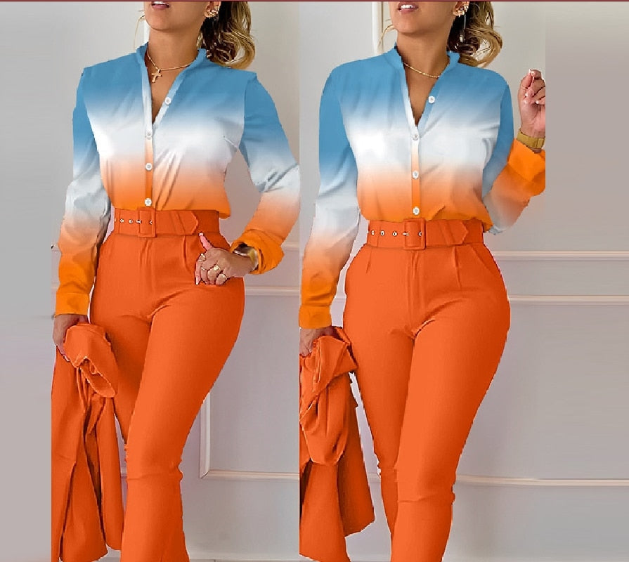 Women's Fashionable Printed Long-sleeved Shirt And Trousers Suit