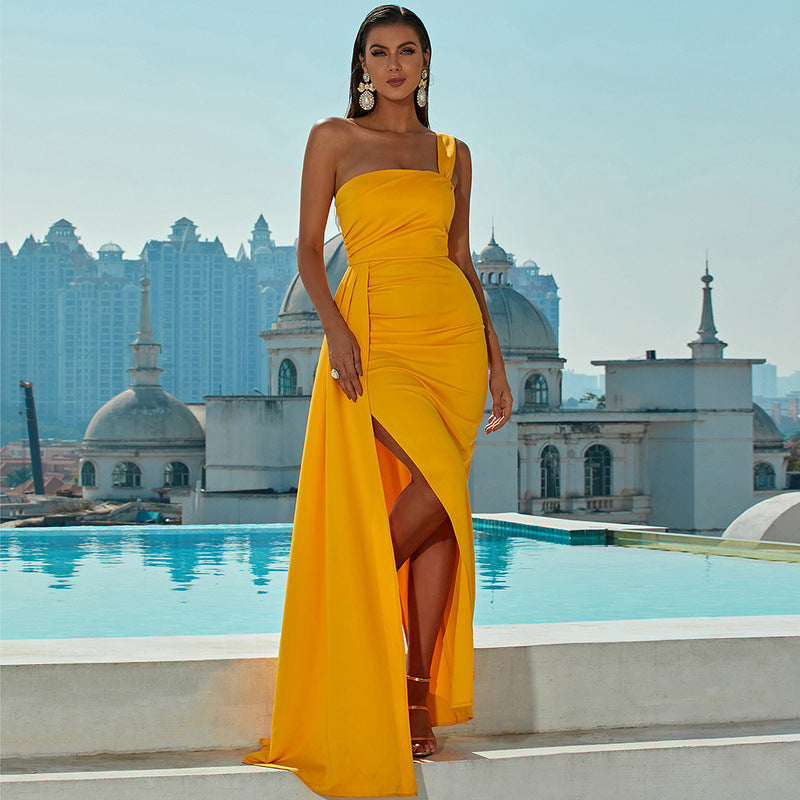 One-shoulder Off-neck Prom Party Slit Evening Dress