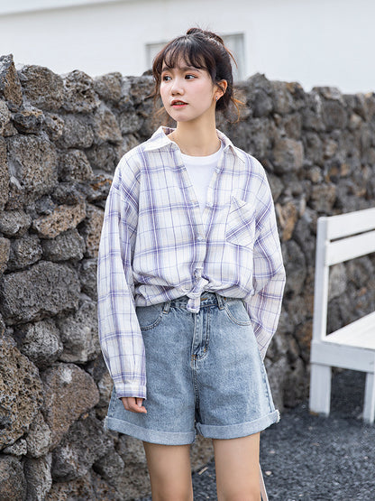 Women's Layered Loose Purple Plaid Shirt