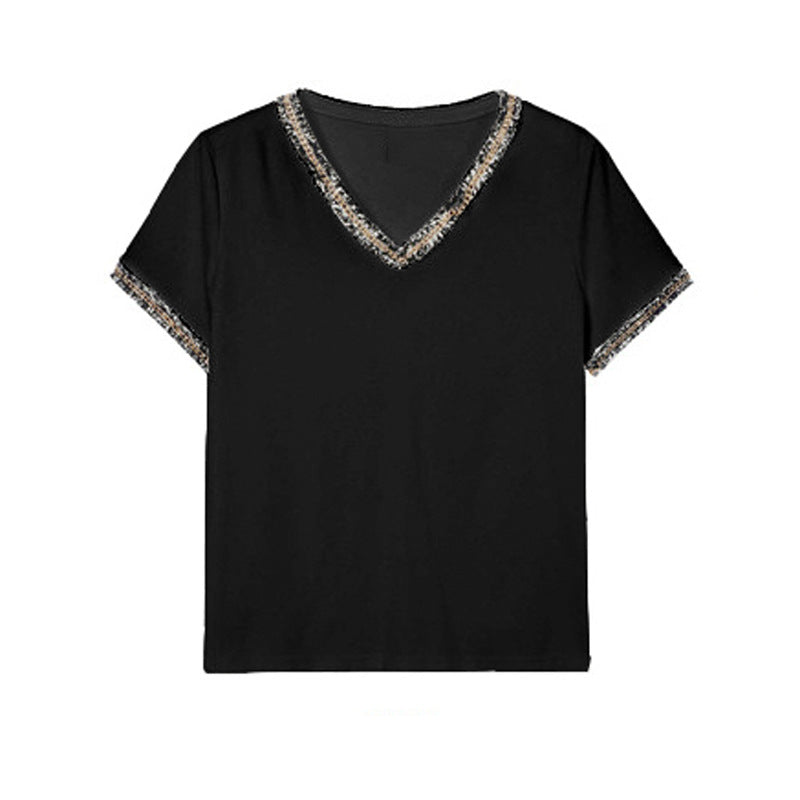 Camiseta con cuello en V de manga corta para mujer, Top suelto con diamantes y cuello deshilachado, novedad de verano