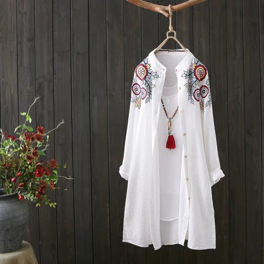 Ladies Embroidered Cotton Linen Art Pullover Mid Length Loose Shirt