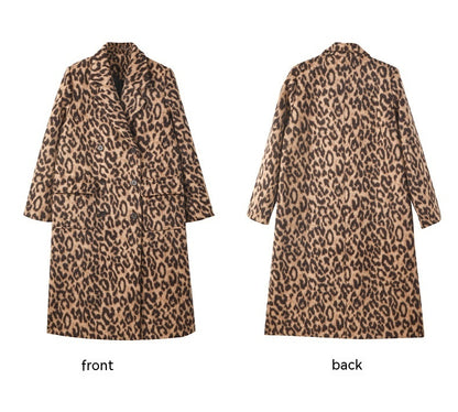 Women's Long Winter Leopard Print Woolen Coat