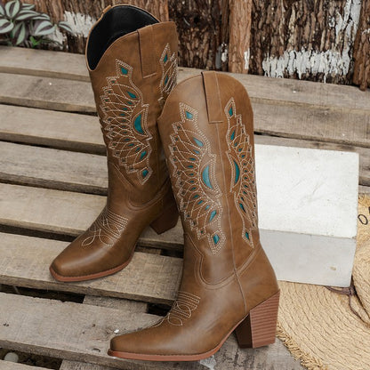 Botas de caballero con cabeza cuadrada bordadas para mujer