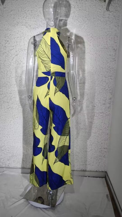 Leaf Printed Yellow Halter Jumpsuit