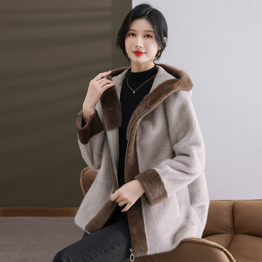 Mom Winter Mink Fur Hooded Coat