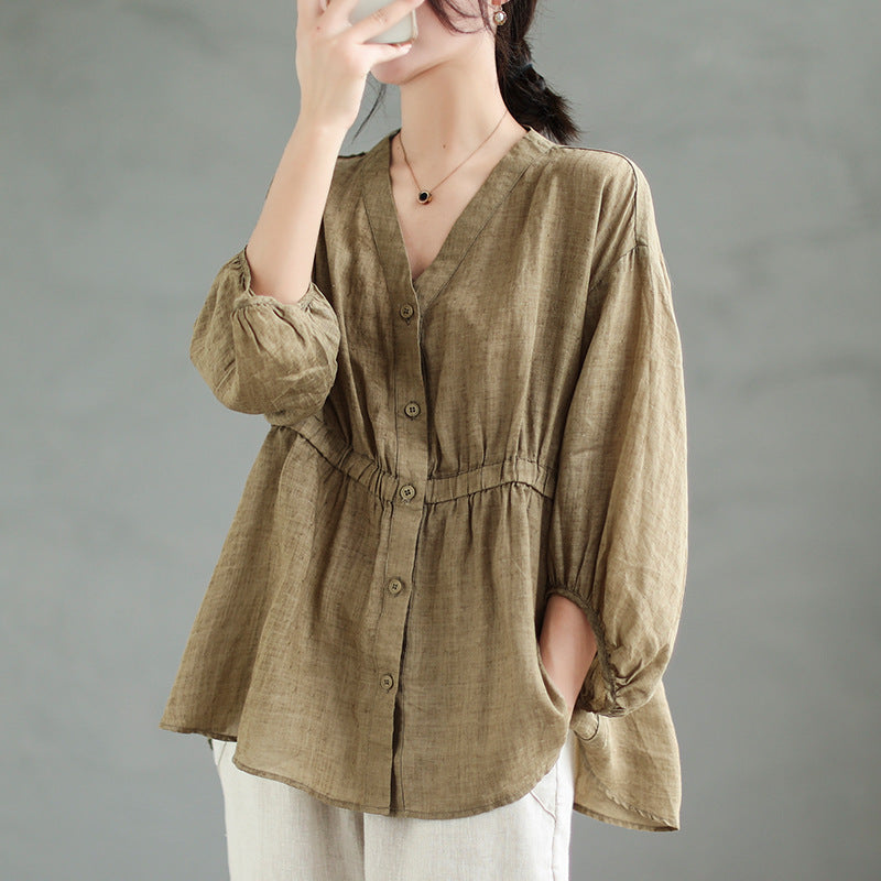 Tiansi Ramie New V-neck Shirt For Women Loose Fitting