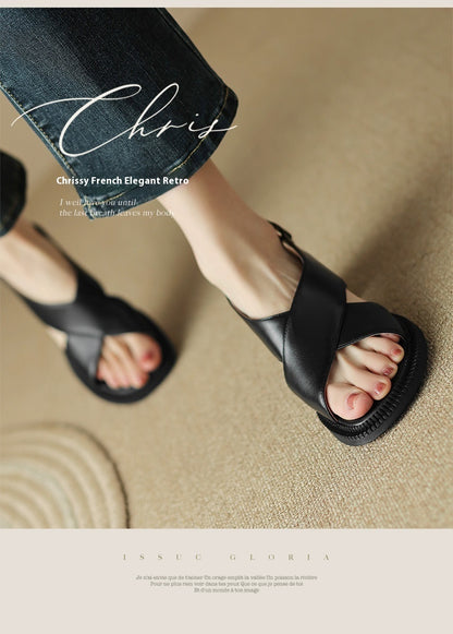 Mid Heel Plus Size 40-41 Wide Strip Open Toe Retro Sandals