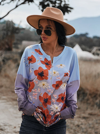 Floral Print Front Zipper Drop Shoulder Blouse