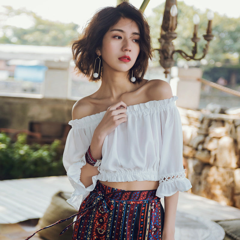 Camiseta blanca corta con mangas acampanadas de verano para mujer Top de playa