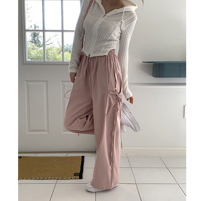 Niche Design Side Pocket Bow Bandage SpringSummer New Straight Loose Casual Pants