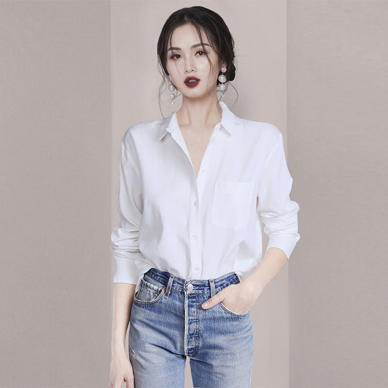 Camisa blanca ajustada a la moda de manga larga para mujer