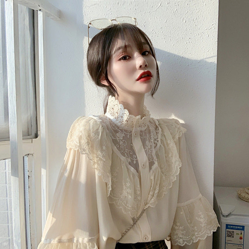 French Vintage Lace Shirt Long Sleeve Half High Collar Top