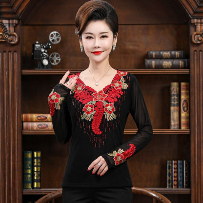 Middle-aged Embroidered Top Ladies Bottoming Mom Spring Western Style Long Sleeve T-Shirt