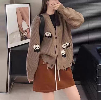 Heavy Industry Panda Embroidered Cardigan Sweater Loose And Lazy Style