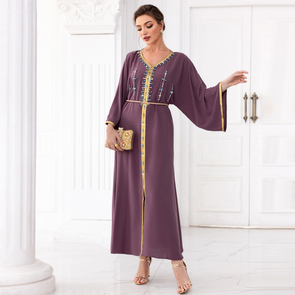 Spinach Root Color Hand-stitched Diamond Dubai Sleeve Dress