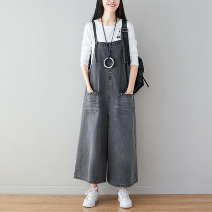 Washed Dark Flower Back Wide-leg Plus Size Women's Overalls